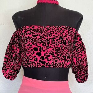 PrettyLittleThing Pink Leopard Print Off Shoulder Puff Sleeve Crop Top USA 6